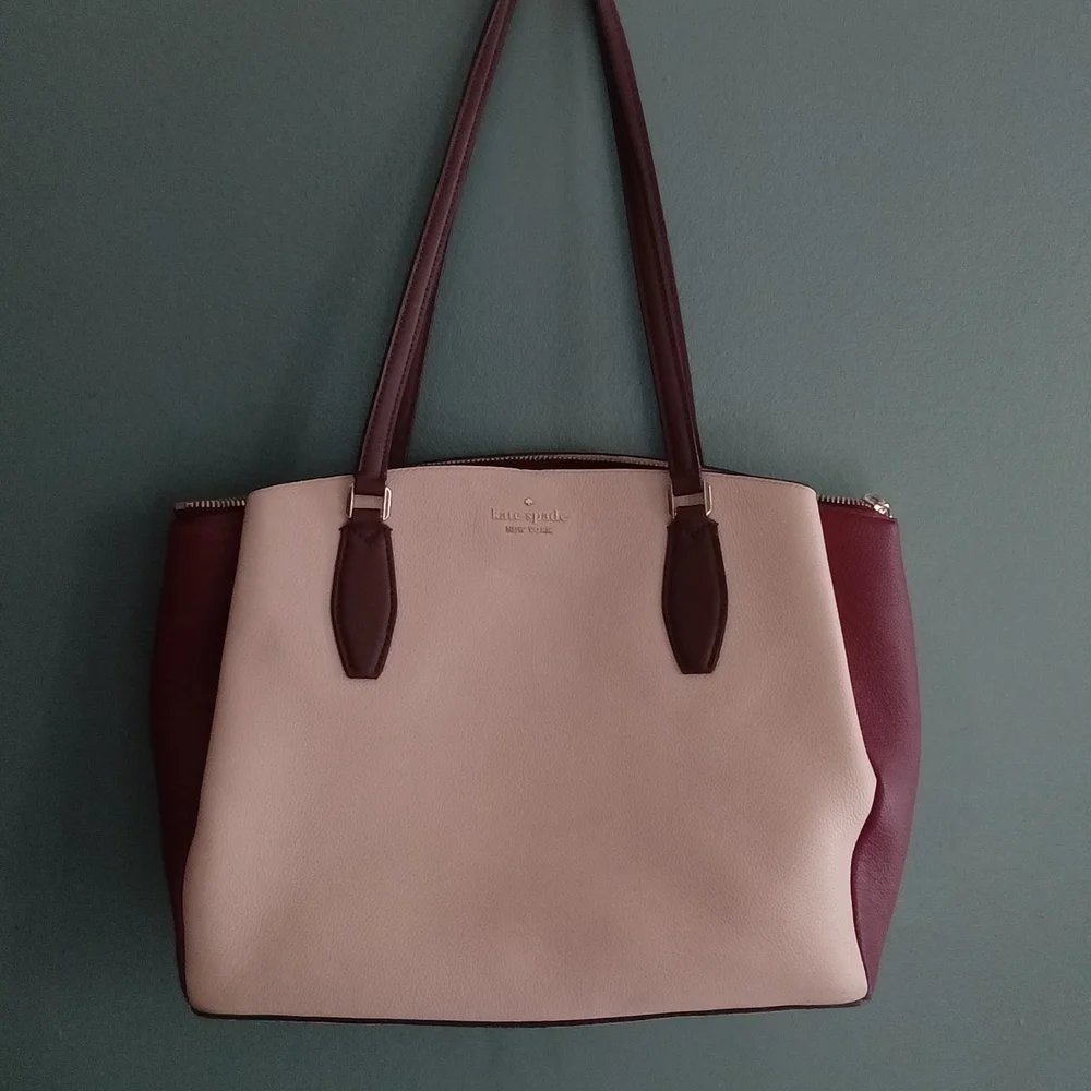 Kate Spade New‎ York Colorblock Leather Tote Bag Burgundy Cream